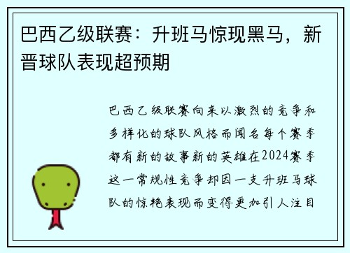 巴西乙级联赛：升班马惊现黑马，新晋球队表现超预期