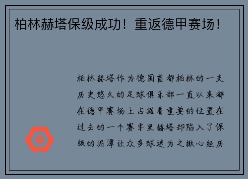 柏林赫塔保级成功！重返德甲赛场！
